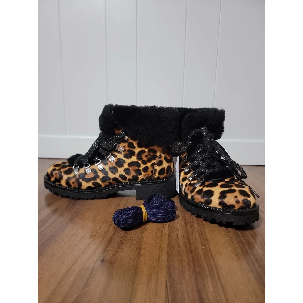 J. Crew Nordic Boots Womens 8 Leopard NEW Haircalf Sheep Fur Lining Lug Sole